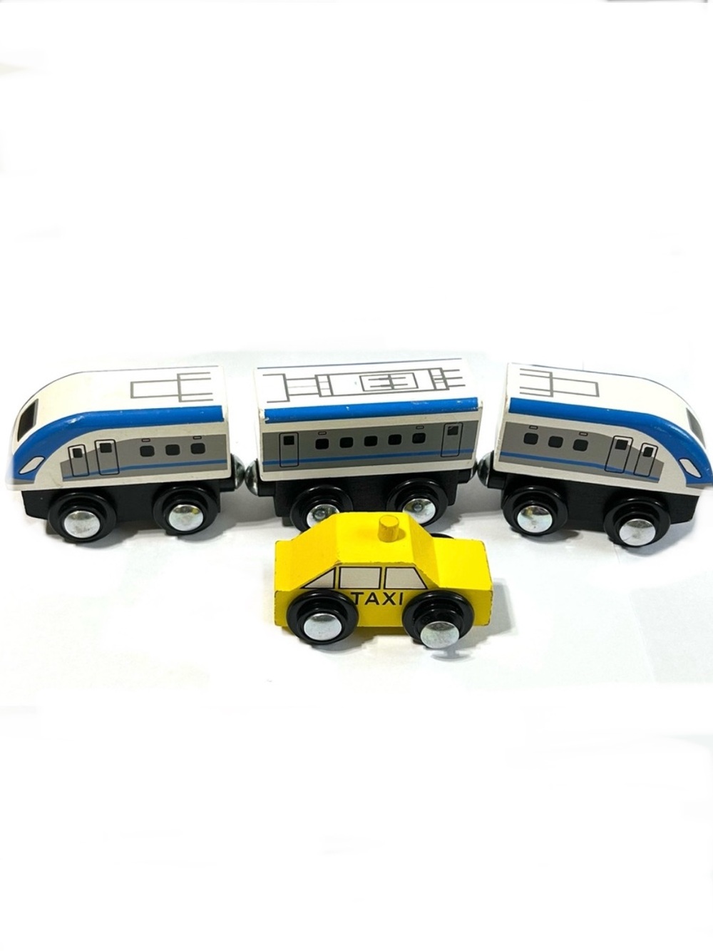4/$20 Magnetic Wooden Passenger Train 3 Pieces + Yellow Taxi